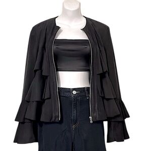 INC International Concepts Black Tiered Micro Suede Ruffle Zipper Jacket S